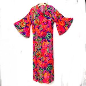 Vintage Psychedelic BarkCloth 60’s Maxi  Dress British Crown Colony Hong Kong